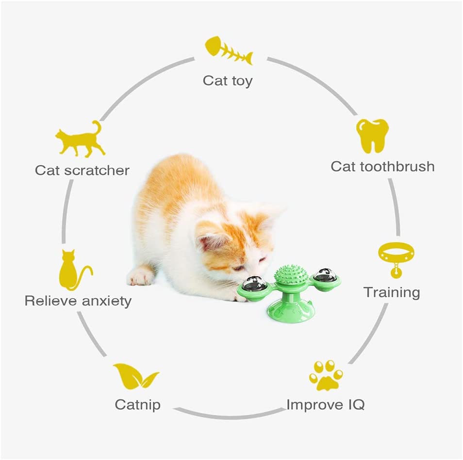 Cat Toys, Interactive Cat Toy with Suction Cup Portable Windmill Scratch Hair Brush Soft Silicone Washable Cat Grooming Shedding